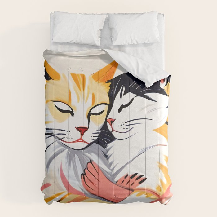 Sleepover, Cats Animals Pets In Love, Affection Cute Companion One Night Stand, Cat Mom Couple Romance Painting Comforter Gallery Image 6