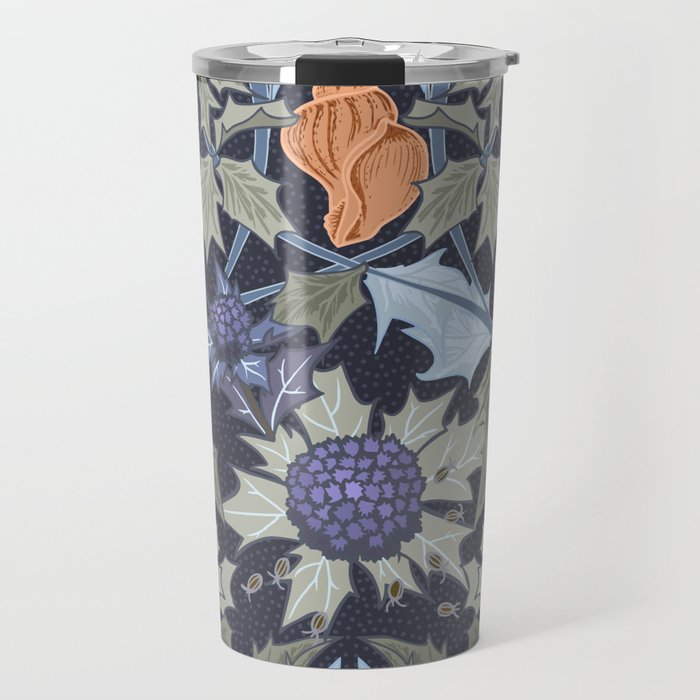 Beach thistle and shells dark navy Travel Mug Gallery Image 1
