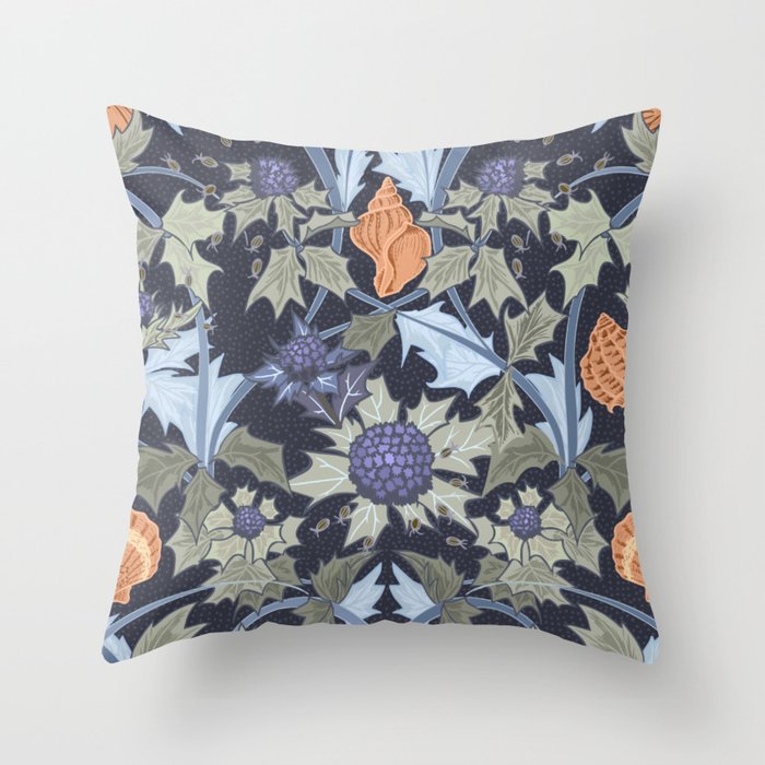 Beach thistle and shells dark navy Throw Pillow Gallery Image 1