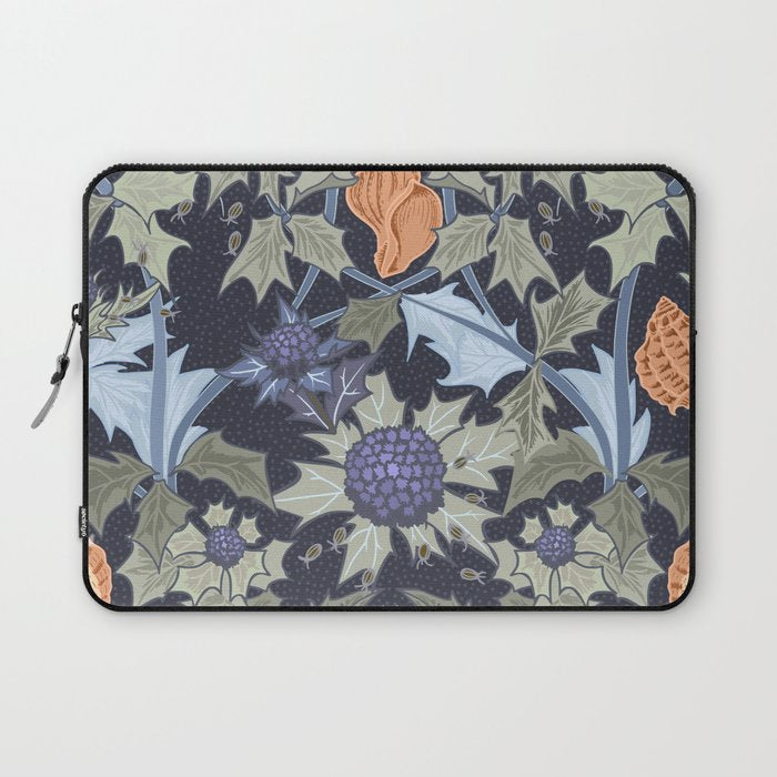 Beach thistle and shells dark navy Laptop Sleeve Gallery Image 1