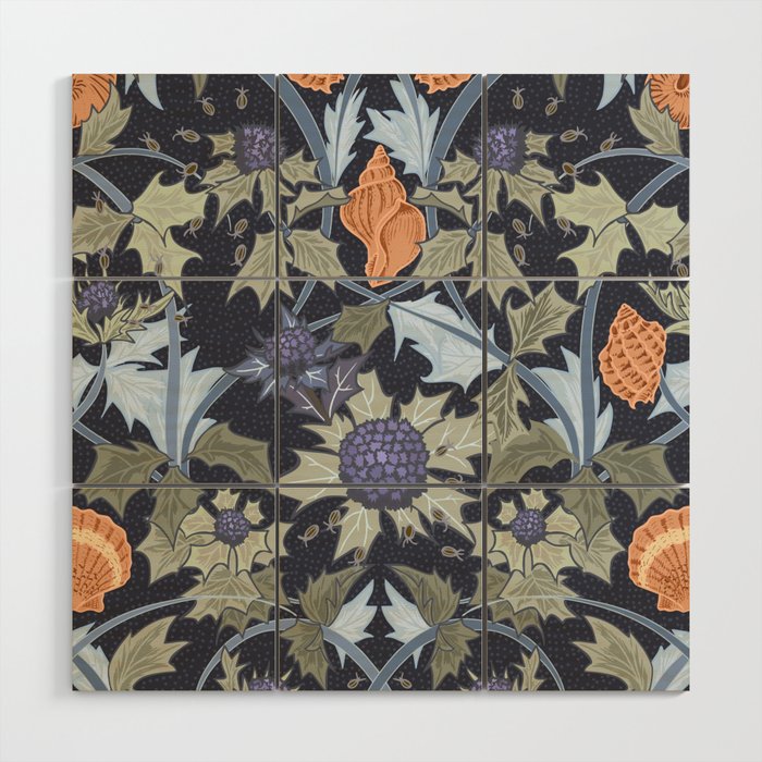 Beach thistle and shells dark navy Wood Wall Art Gallery Image 1