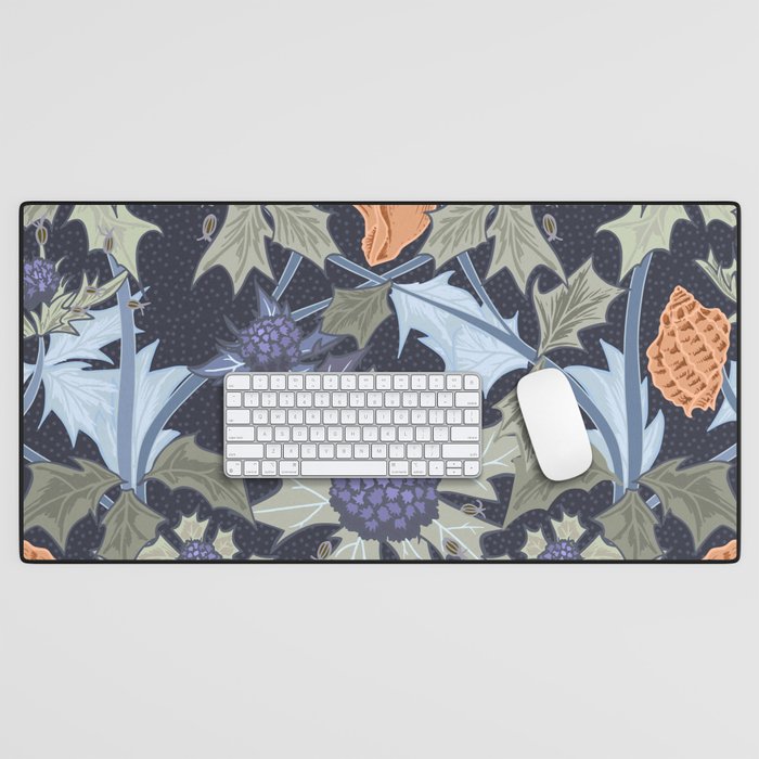 Beach thistle and shells dark navy Desk Mat Gallery Image 1