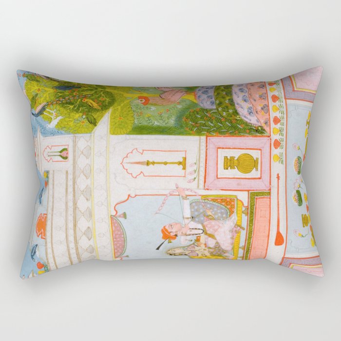 Two Lovers And The Morning Rooster Indian Painted Illustration Rectangular Pillow Gallery Image 2