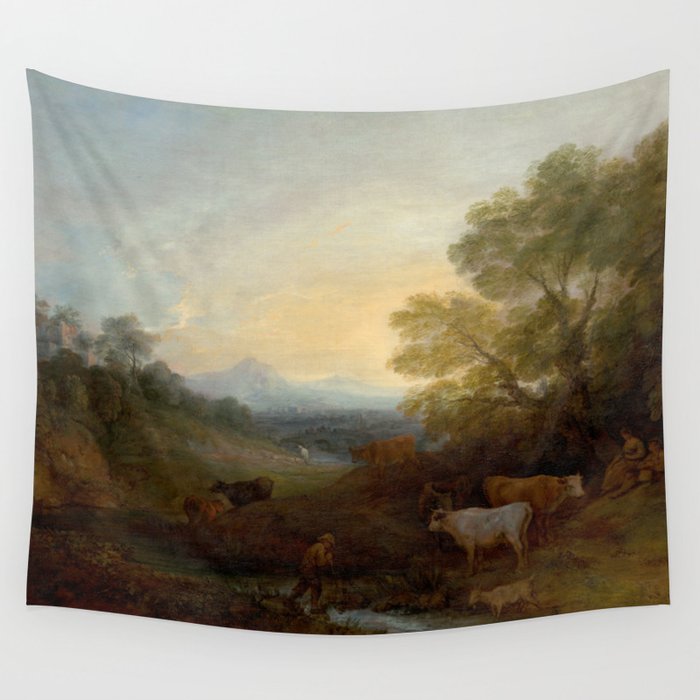 Grazing Cattle Antique Oil Painting Wall Tapestry Gallery Image 1