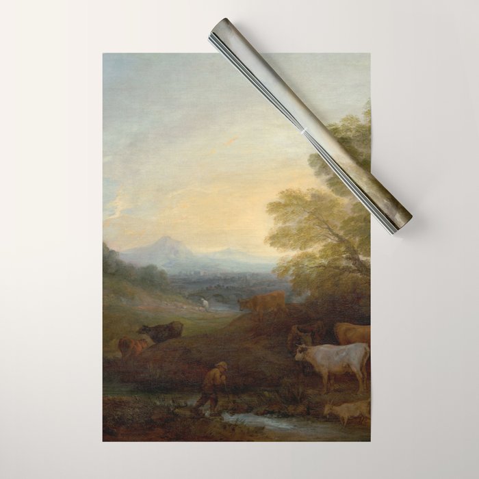 Grazing Cattle Antique Oil Painting Wrapping Paper Gallery Image 1