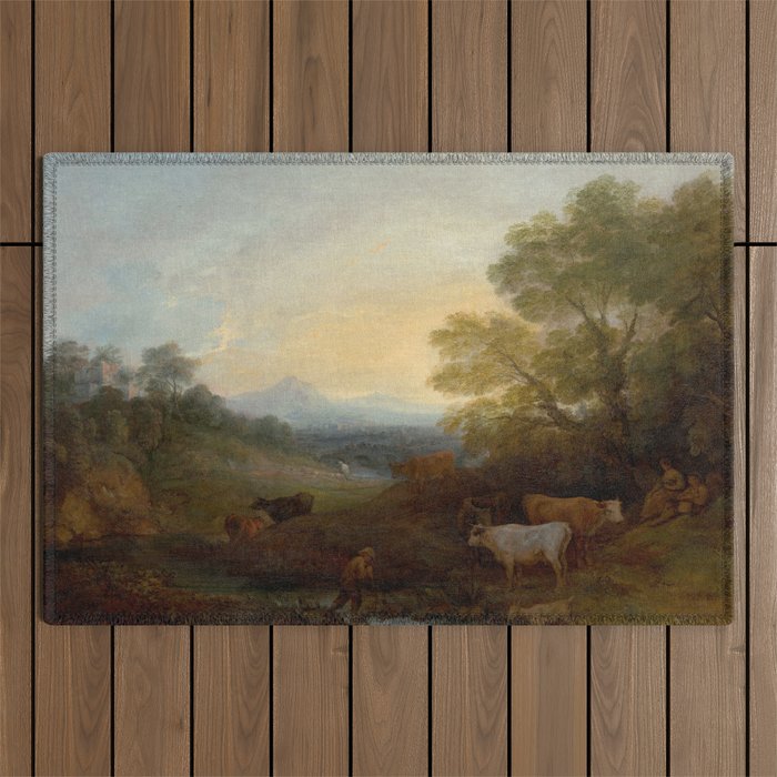 Grazing Cattle Antique Oil Painting Outdoor Rug Gallery Image 1