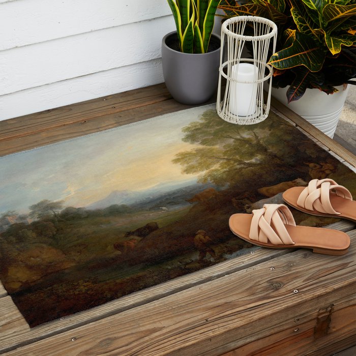 Grazing Cattle Antique Oil Painting Outdoor Rug Gallery Image 2