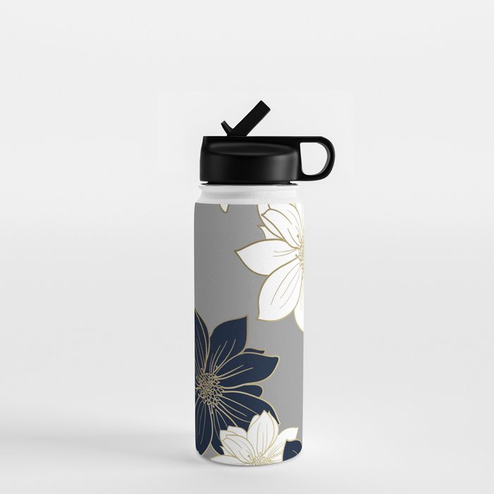 Floral Garden, White, Navy, Grey Water Bottle Gallery Image 1