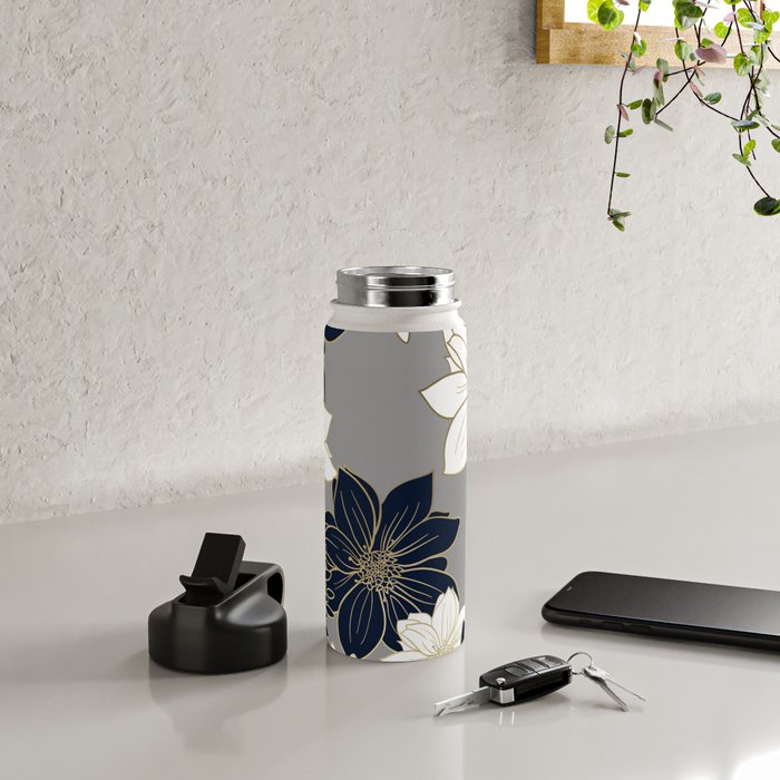 Floral Garden, White, Navy, Grey Water Bottle Gallery Image 4