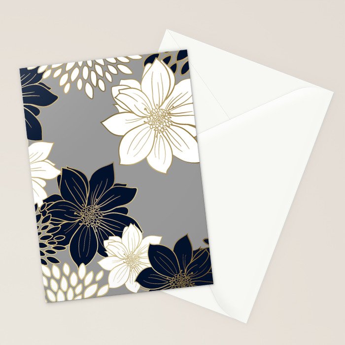 Floral Garden, White, Navy, Grey Stationery Card Gallery Image 2