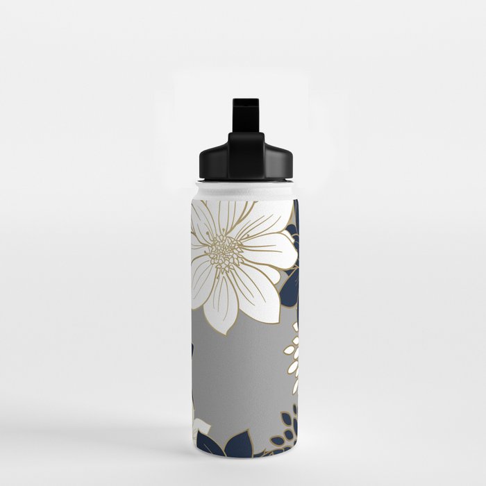 Floral Garden, White, Navy, Grey Water Bottle Gallery Image 2