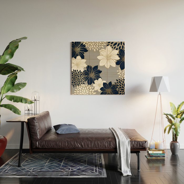 Floral Garden, White, Navy, Grey Wood Wall Art Gallery Image 2