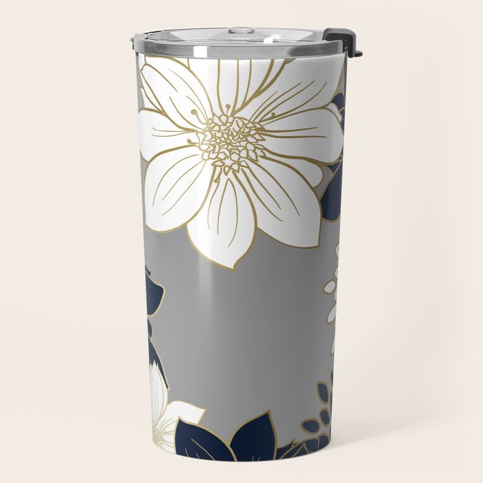 Floral Garden, White, Navy, Grey Travel Mug Gallery Image 2