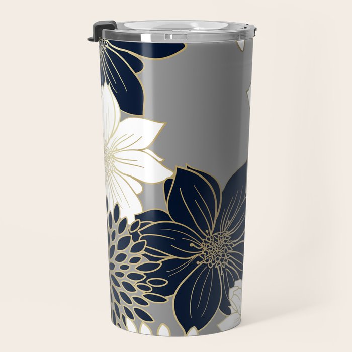 Floral Garden, White, Navy, Grey Travel Mug Gallery Image 3