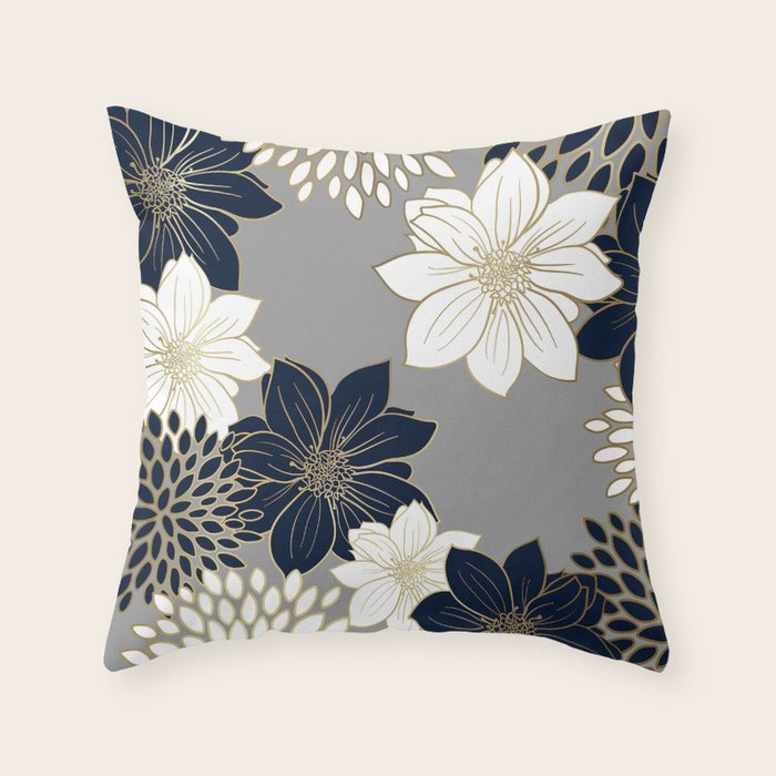 Floral Garden, White, Navy, Grey Throw Pillow Gallery Image 1