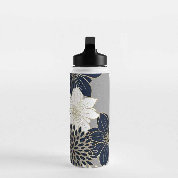 Floral Garden, White, Navy, Grey Water Bottle Gallery Image 3