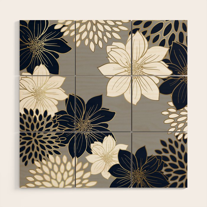 Floral Garden, White, Navy, Grey Wood Wall Art Gallery Image 1