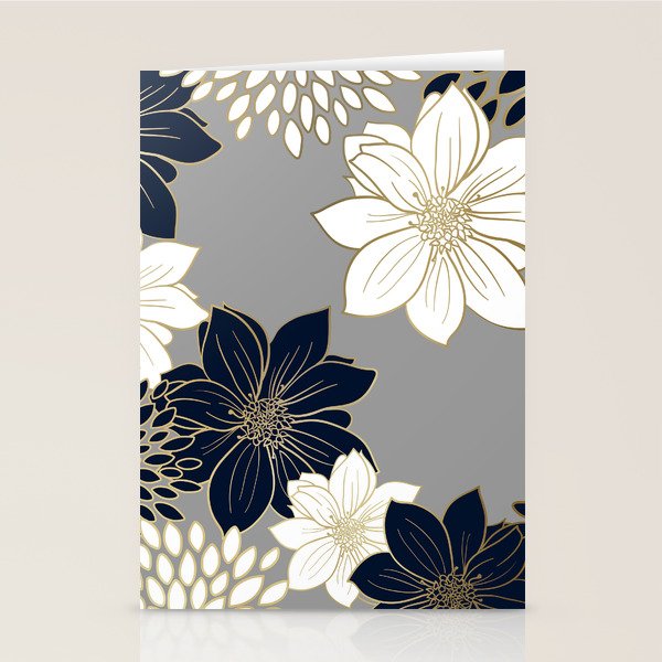 Floral Garden, White, Navy, Grey Stationery Card Gallery Image 2
