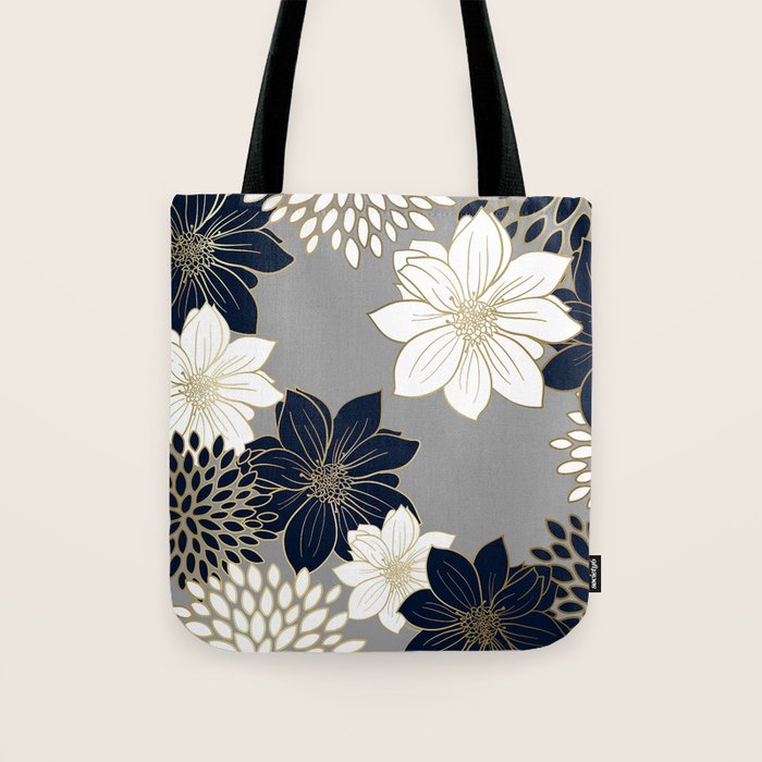 Floral Garden, White, Navy, Grey Tote Bag Gallery Image 1