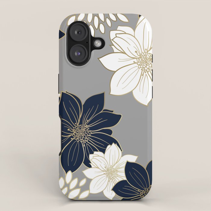 Floral Garden, White, Navy, Grey iPhone Case Gallery Image 1