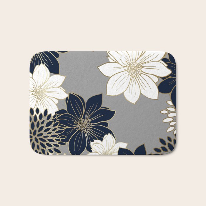 Floral Garden, White, Navy, Grey Bath Mat Gallery Image 1