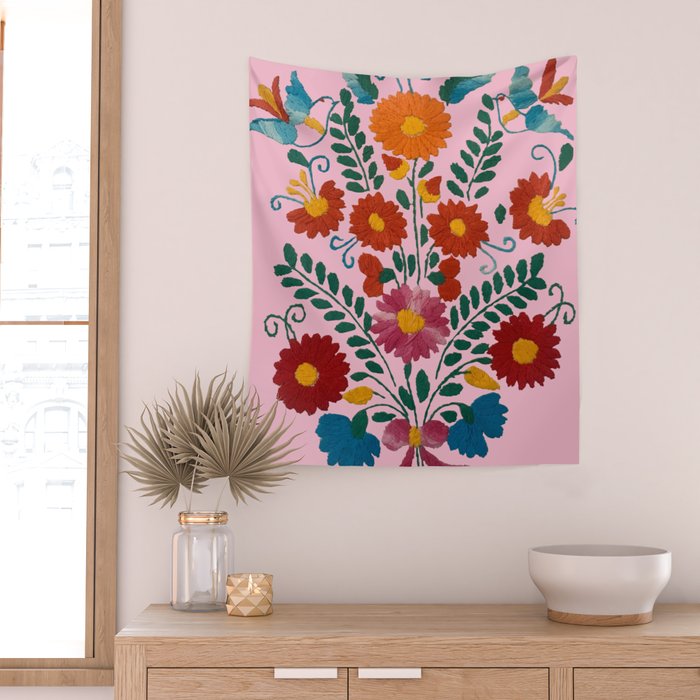 Mexican Blue Birds in Pink Wall Tapestry Gallery Image 2