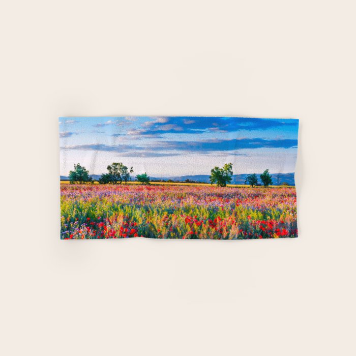 Red poppy field floral blossom landscape color photograph Bath Towel Gallery Image 1