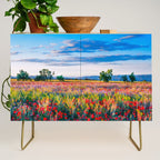 Red poppy field floral blossom landscape color photograph Credenza Gallery Image 1
