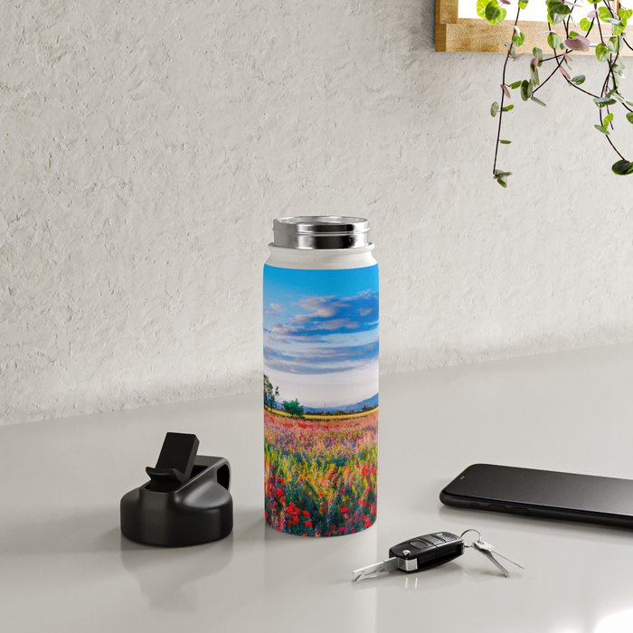 Red poppy field floral blossom landscape color photograph Water Bottle Gallery Image 4