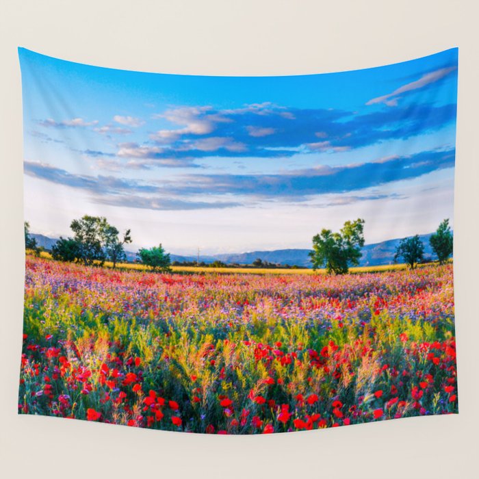 Red poppy field floral blossom landscape color photograph Wall Tapestry Gallery Image 4