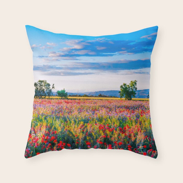 Red poppy field floral blossom landscape color photograph Throw Pillow Gallery Image 6