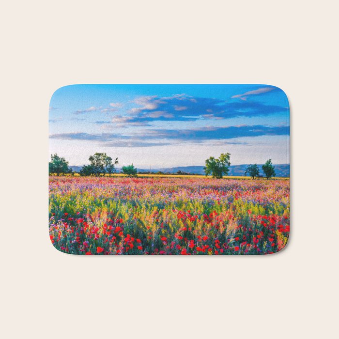 Red poppy field floral blossom landscape color photograph Bath Mat Gallery Image 1