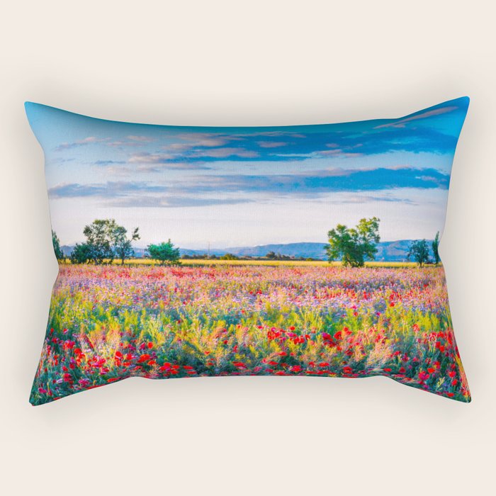 Red poppy field floral blossom landscape color photograph Rectangular Pillow Gallery Image 2