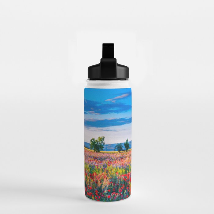 Red poppy field floral blossom landscape color photograph Water Bottle Gallery Image 2