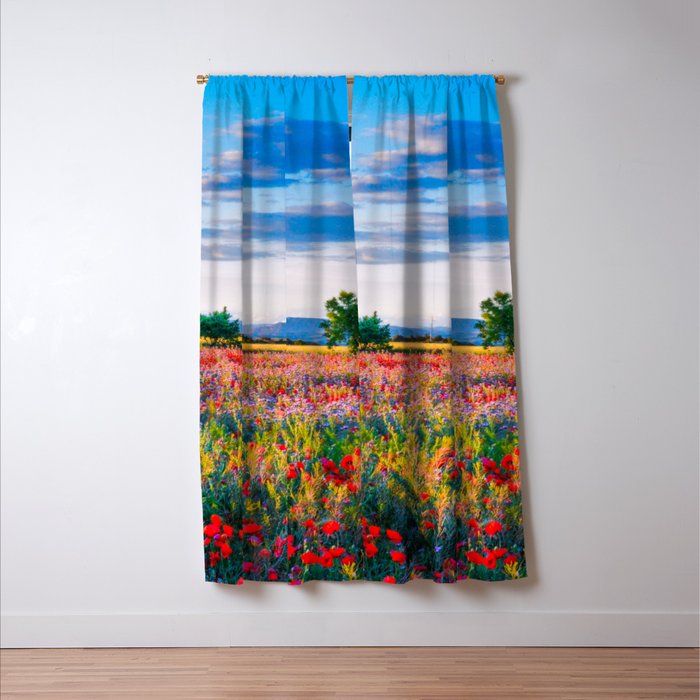Red poppy field floral blossom landscape color photograph Window Curtain Gallery Image 3
