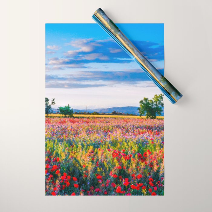 Red poppy field floral blossom landscape color photograph Wrapping Paper Gallery Image 1