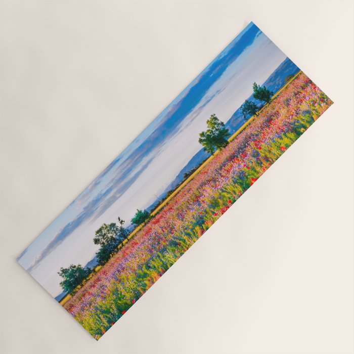 Red poppy field floral blossom landscape color photograph Yoga Mat Gallery Image 1