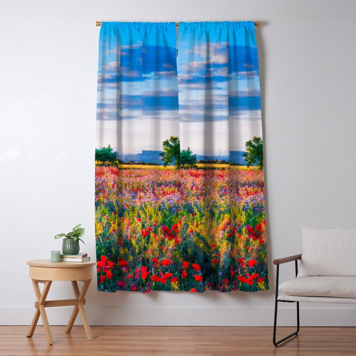 Red poppy field floral blossom landscape color photograph Window Curtain Gallery Image 1