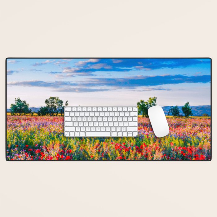Red poppy field floral blossom landscape color photograph Desk Mat Gallery Image 1