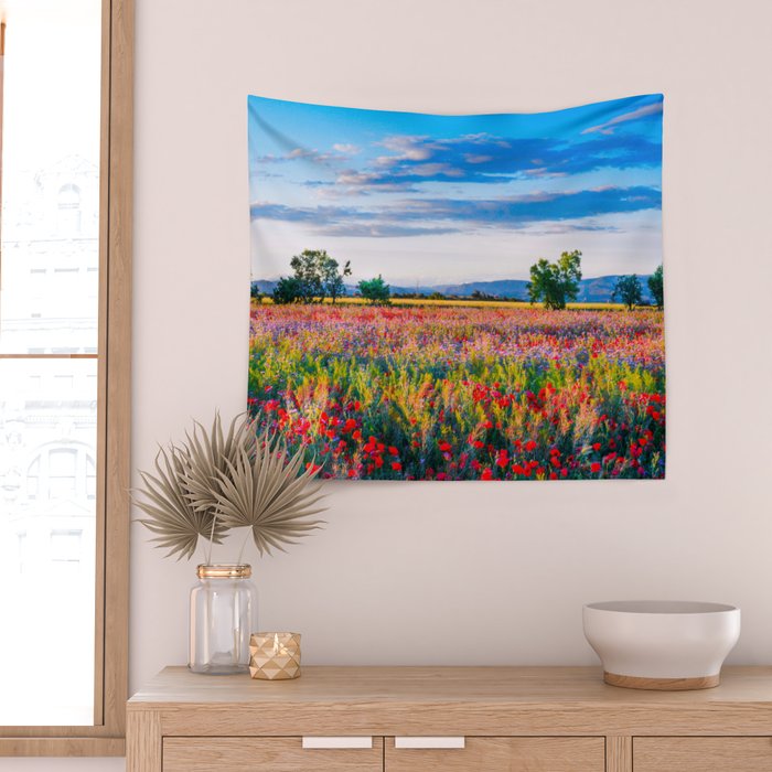 Red poppy field floral blossom landscape color photograph Wall Tapestry Gallery Image 2