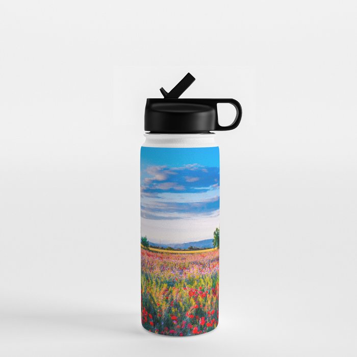 Red poppy field floral blossom landscape color photograph Water Bottle Gallery Image 1
