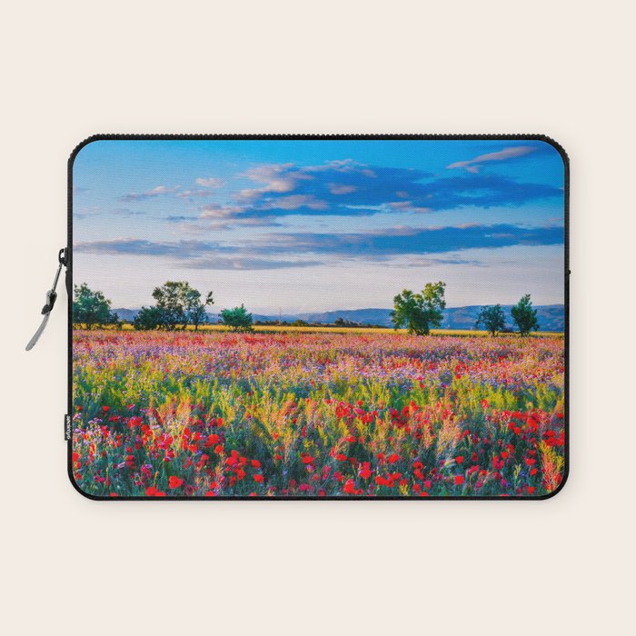 Red poppy field floral blossom landscape color photograph Laptop Sleeve Gallery Image 1