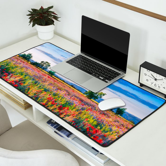 Red poppy field floral blossom landscape color photograph Desk Mat Gallery Image 2