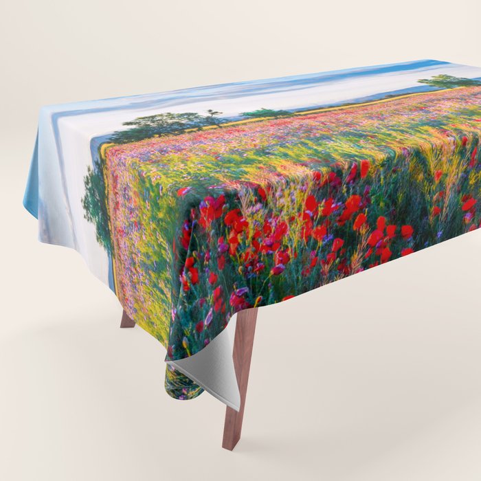 Red poppy field floral blossom landscape color photograph Tablecloth Gallery Image 1