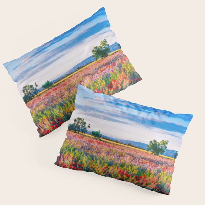 Red poppy field floral blossom landscape color photograph Pillow Sham Gallery Image 1