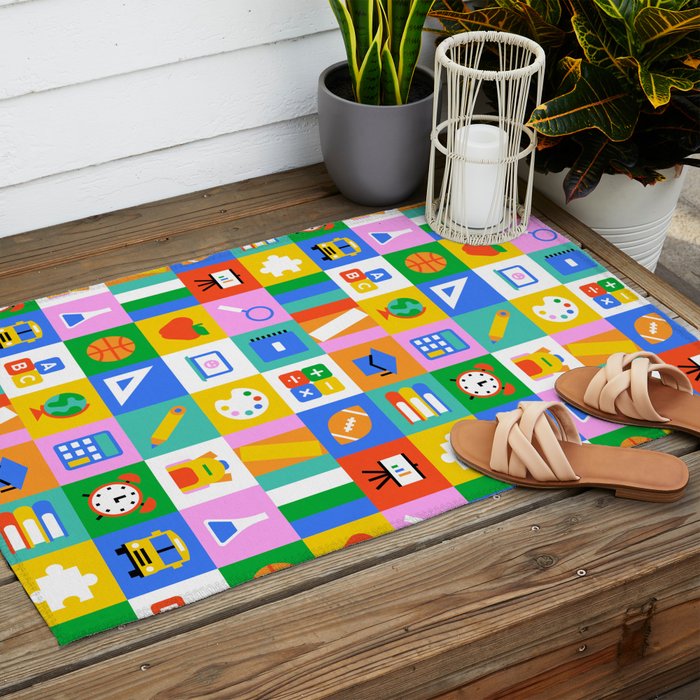 Colorful back to school geometric mosaic pattern Outdoor Rug Gallery Image 2