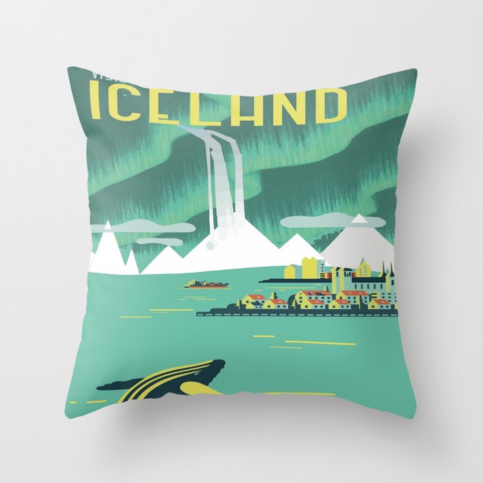 Vintage Mid Century Modern Iceland Scandinavian Travel Poster Ocean Whale Winter Village Throw Pillow Gallery Image 6