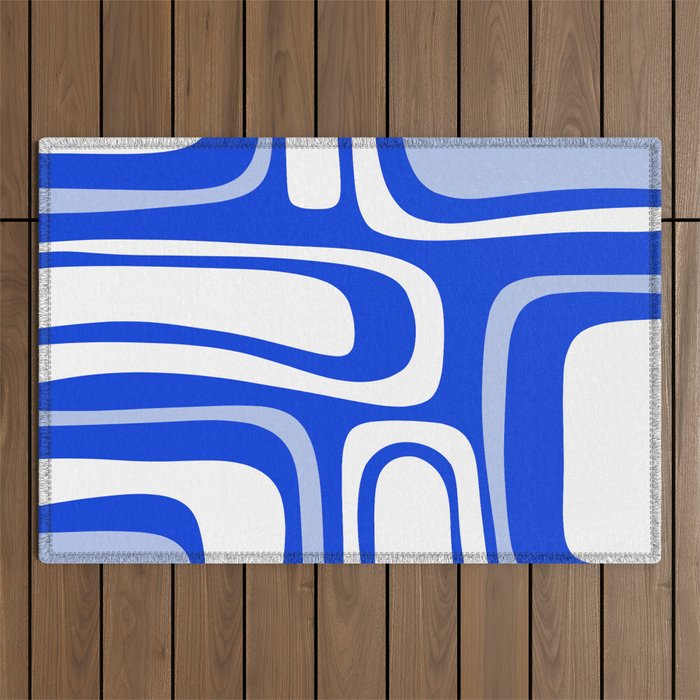 Mid-Century Modern Palm Springs Abstract Pattern Royal Blue Light Blue and White Outdoor Rug Gallery Image 1