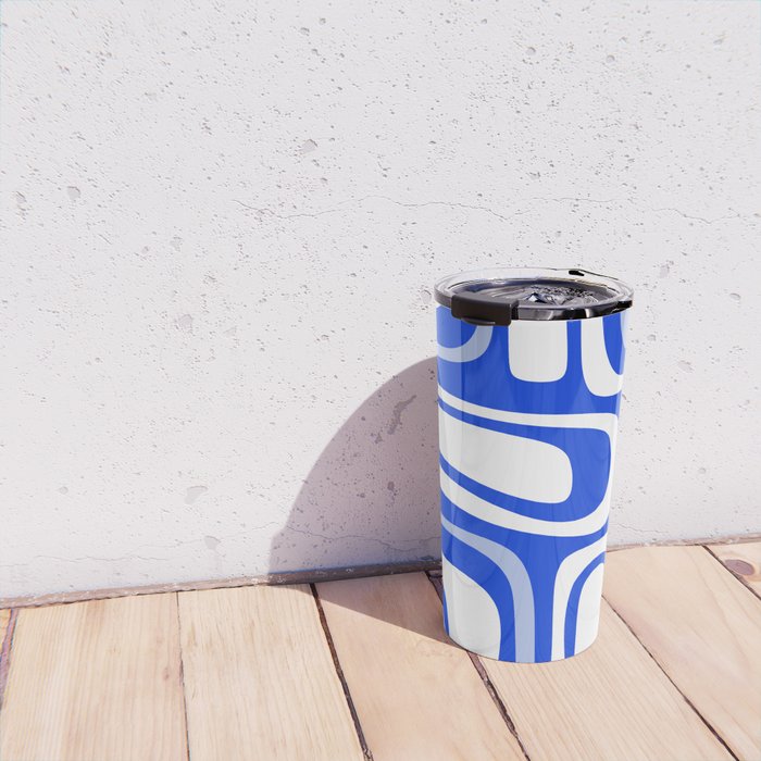 Mid-Century Modern Palm Springs Abstract Pattern Royal Blue Light Blue and White Travel Mug Gallery Image 4