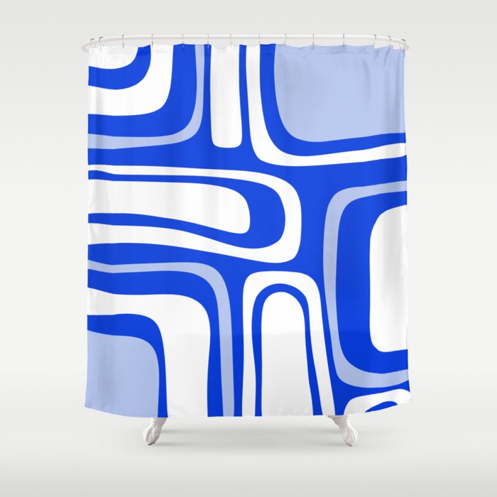 Mid-Century Modern Palm Springs Abstract Pattern Royal Blue Light Blue and White Shower Curtain Gallery Image 1